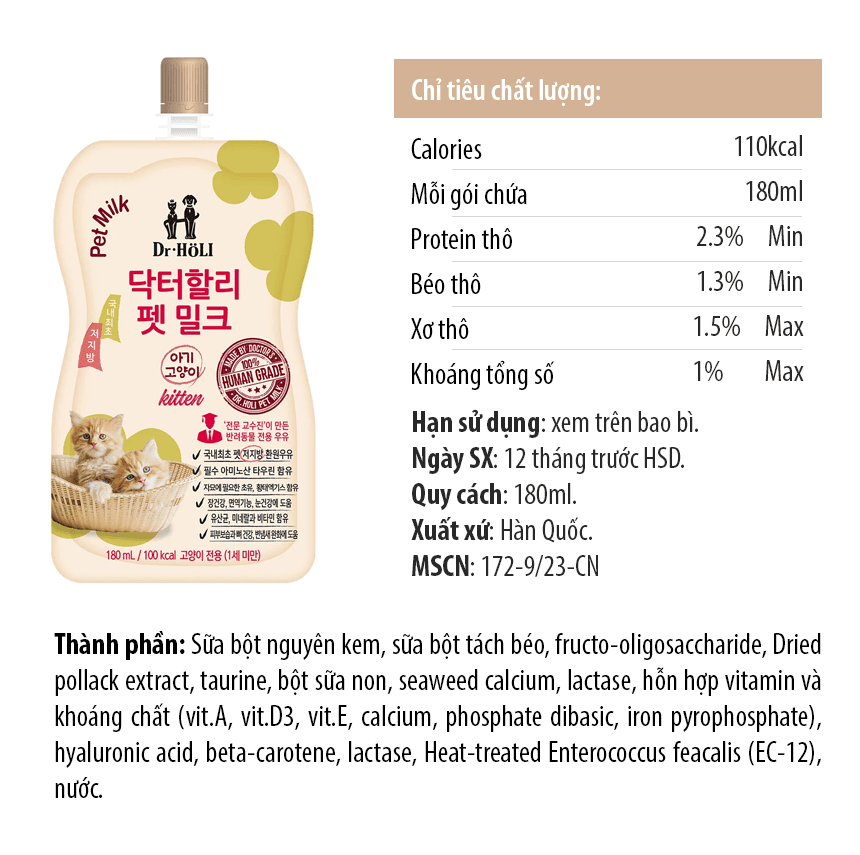 Sữa cho Mèo con Dr. Holi Pet Kitten Milk 180ml - Image 2