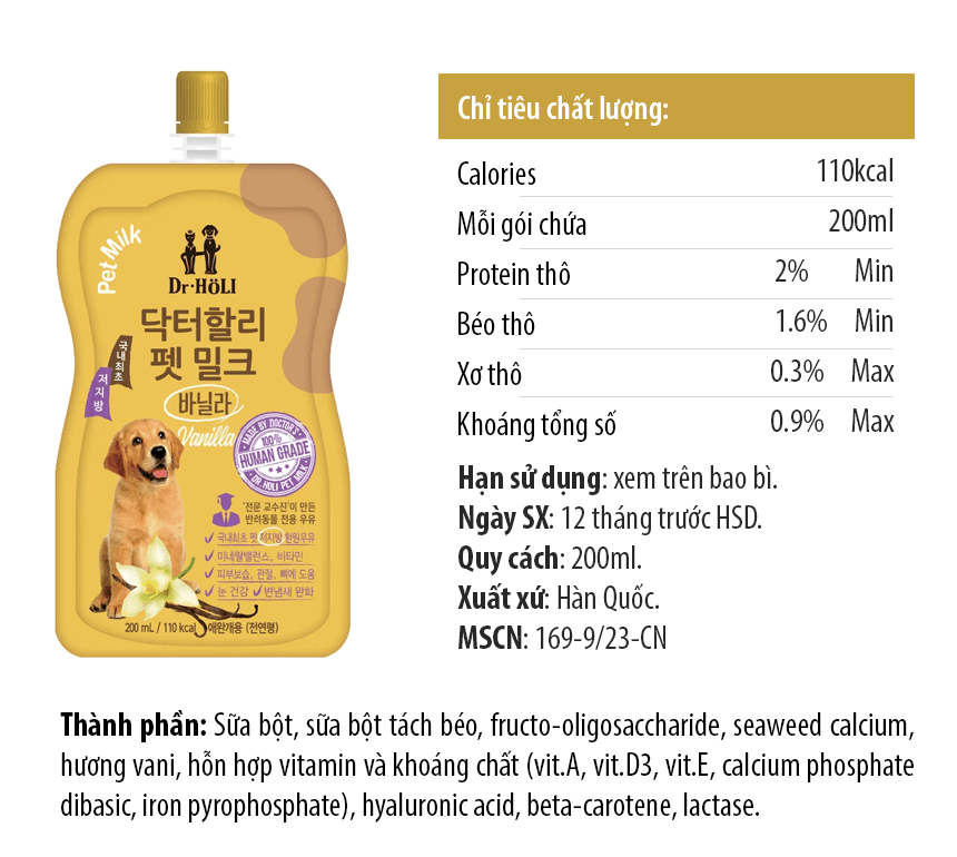 tiêu chuẩn chất lượng sữa cho chó vị vanilla