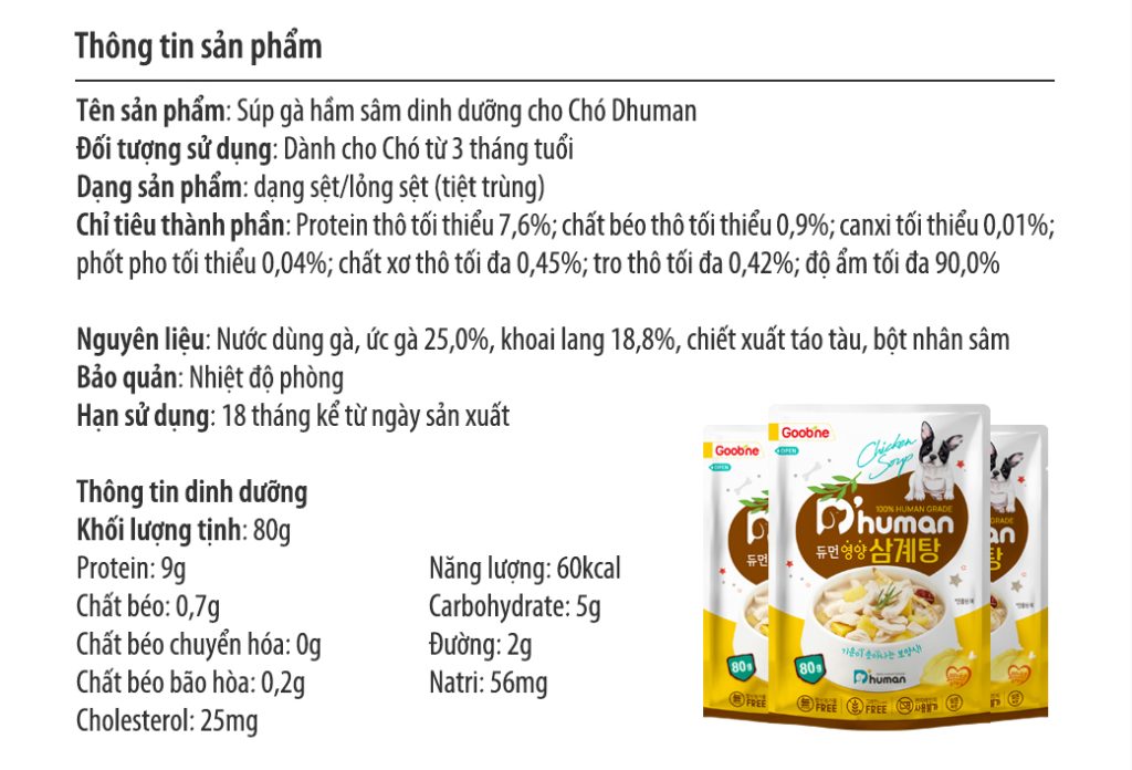 Thành phần và nguyên liệu sản phẩm Súp gà hầm sâm Dhuman